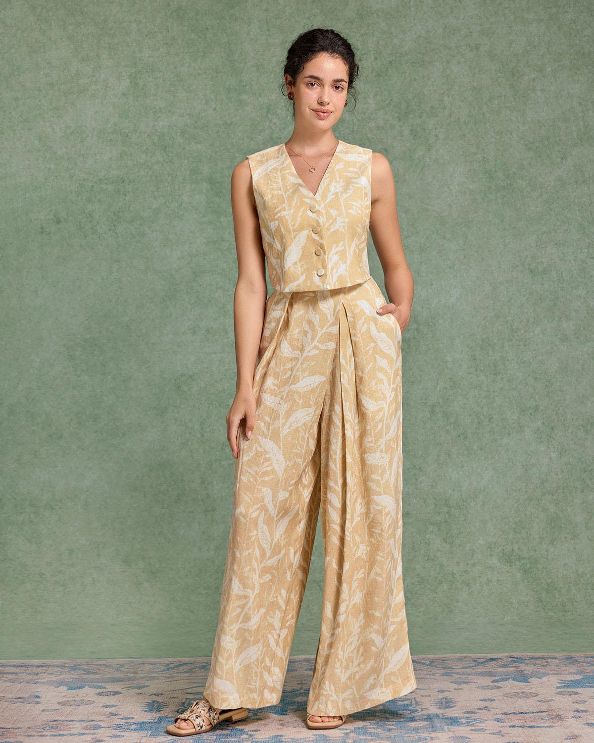 Yellow Floral Wide Leg Pants Product Image