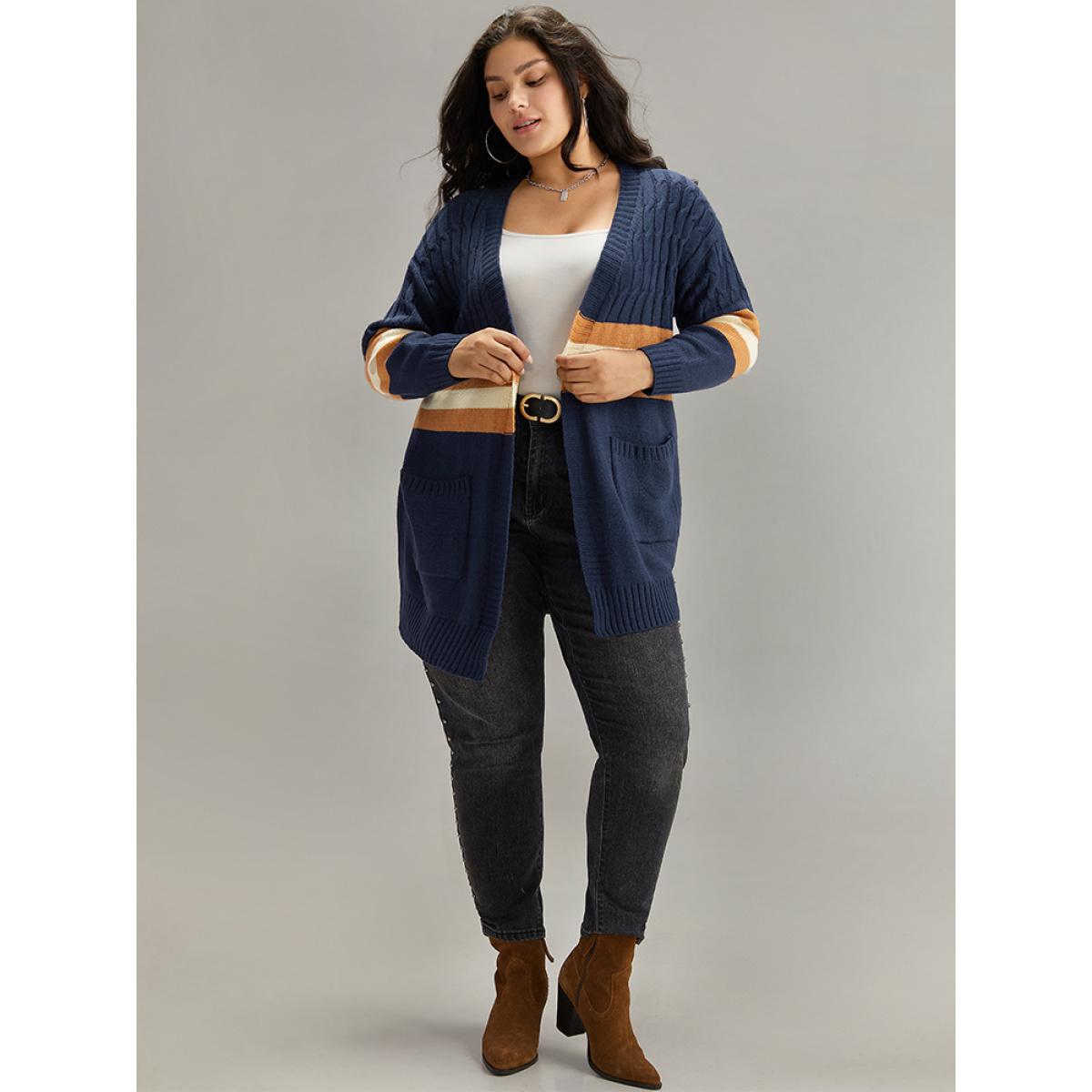 Plus Size Cable Knit Colorblock Contrast Open Front Cardigan Multicolor Women Casual Loose Long Sleeve Dailywear Cardigans BloomChic 28/5X Product Image