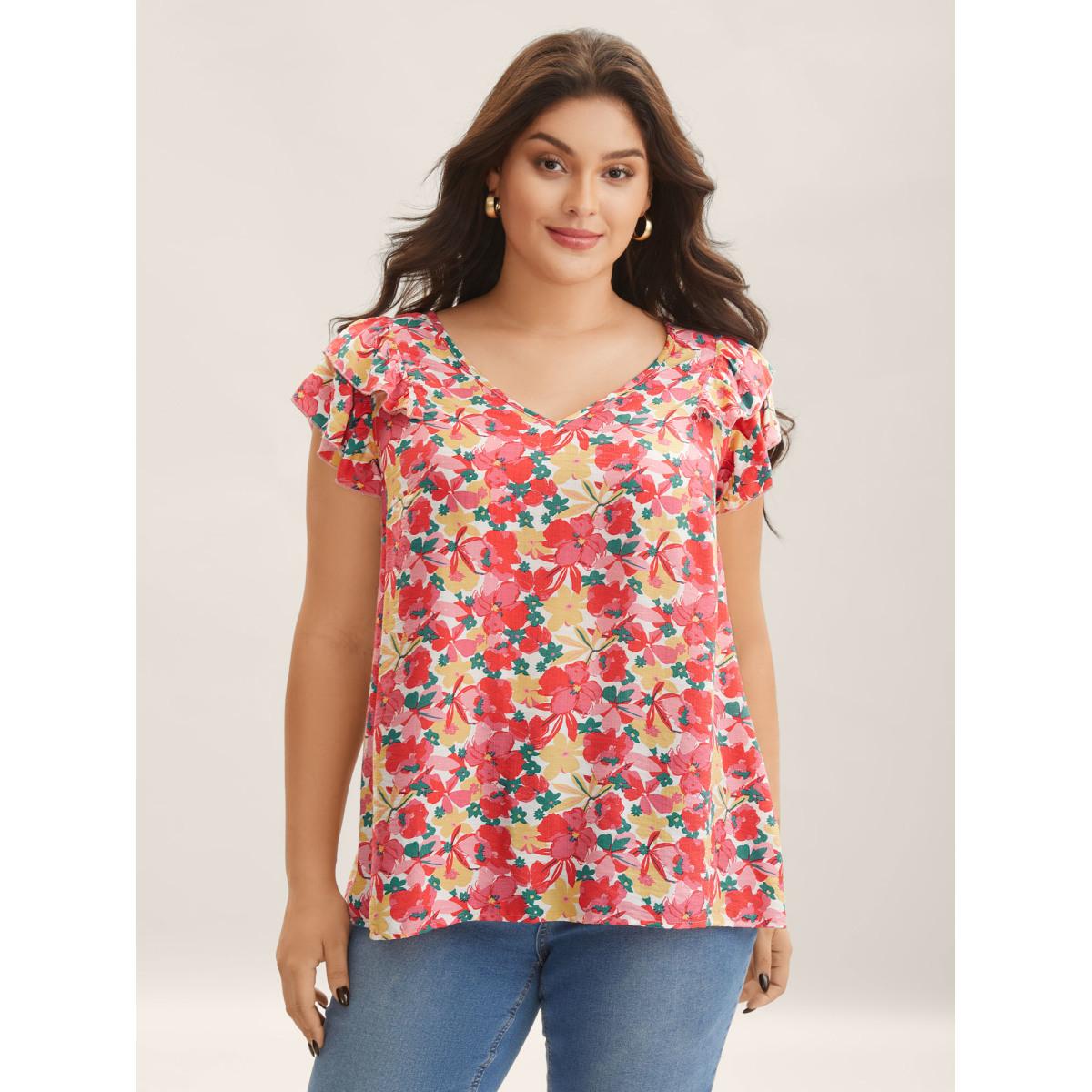 Plus Size Crimson Ruffled Bright Floral Print Blouse Women Cap Sleeve V-neck Elegant Blouses BloomChic 14-16/1X Product Image