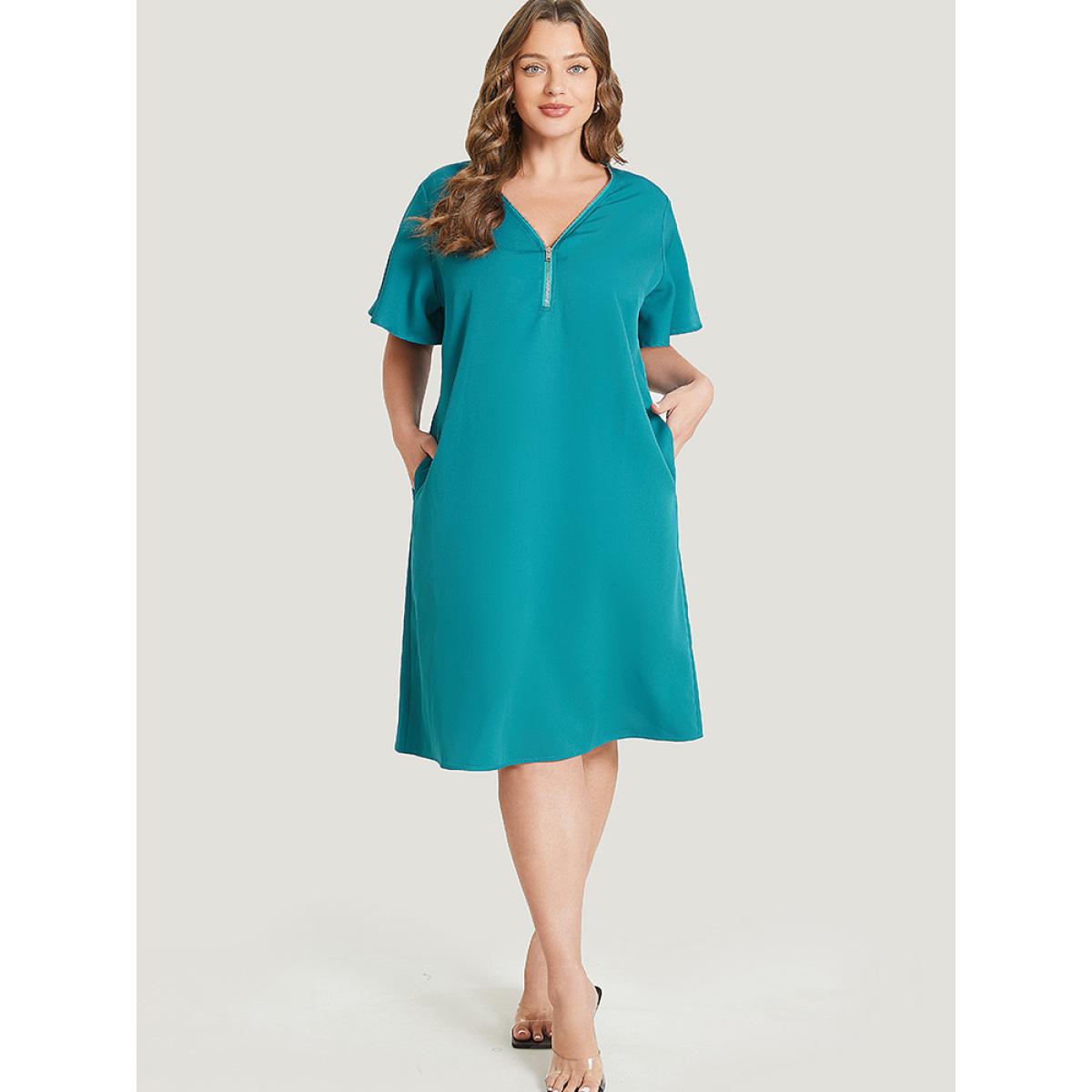 Plus Size Solid Ruffle Sleeve Half Zipper Pocket Dress Aegean Women Elegant Plain V-neck Short sleeve Curvy Knee Dress BloomChic 18-20/2X Product Image
