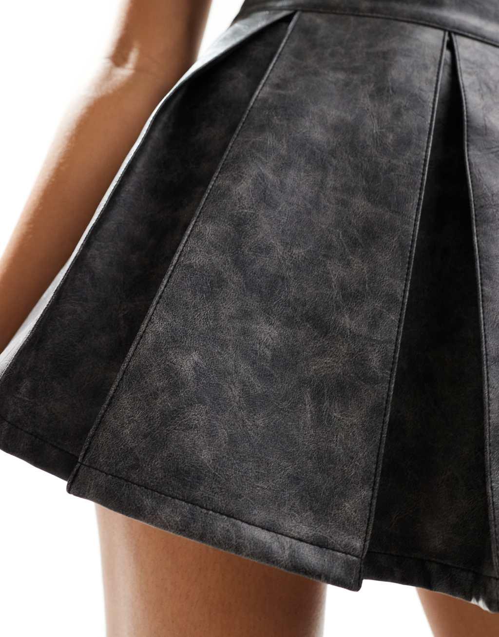 ASOS DESIGN leather look pleated mini skirt in washed gray Product Image