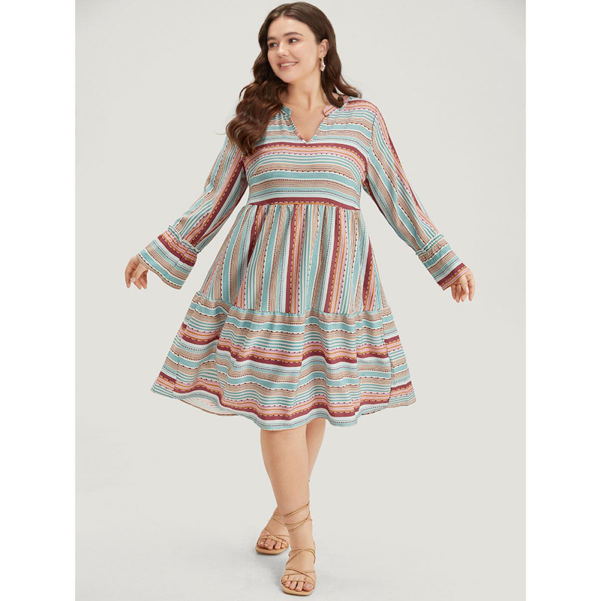 Plus Size Contrast Striped Notched Layered Hem Bell Sleeve Dress Multicolor Women Vacation Gathered Notched collar Long Sleeve Curvy Midi Dress BloomChic 28/5X Product Image