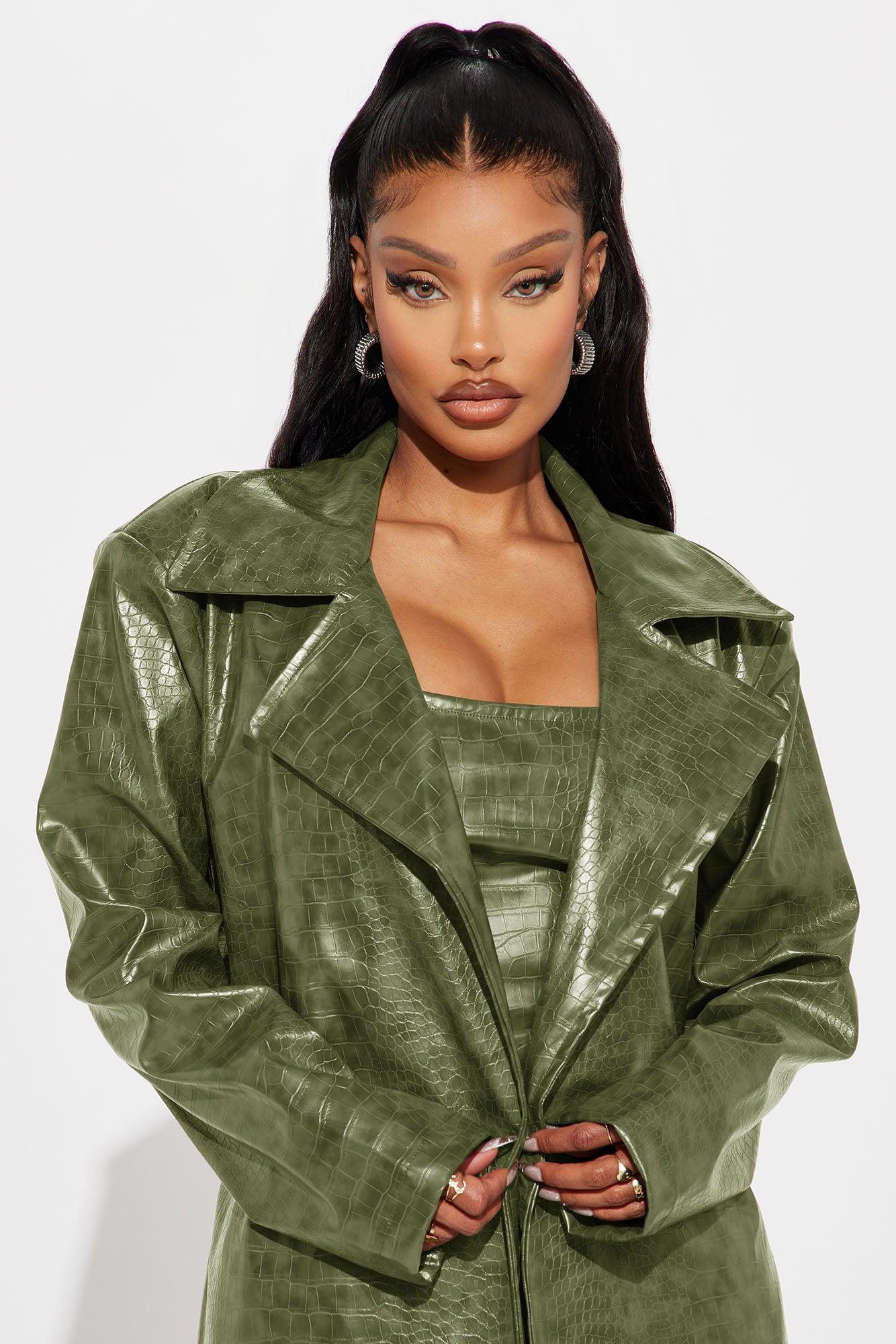 Hit The Gas Faux Leather Trench and Mini Dress Set - Olive Female Product Image