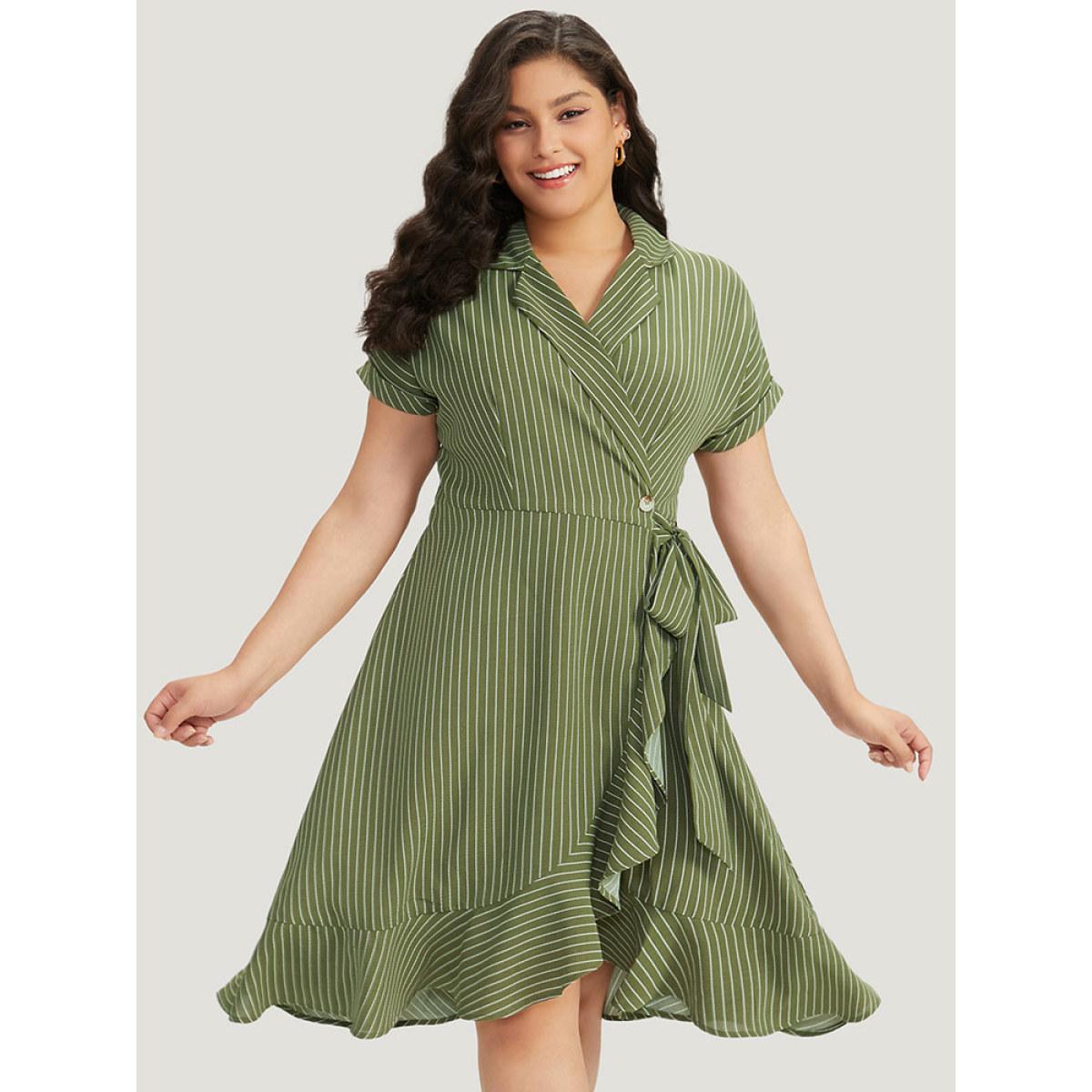 Plus Size Suit Collar Ruffles Pocket Button Up Ties Batwing Sleeve Dress Moss Women Office Button Suit Collar Short sleeve Curvy Midi Dress BloomChic 10/M Product Image