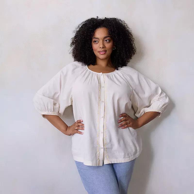 Plus Size LC Lauren Conrad Raglan Sleeve Button Front Peasant Top, Women's, Size: 0X, Ivory Silk Product Image