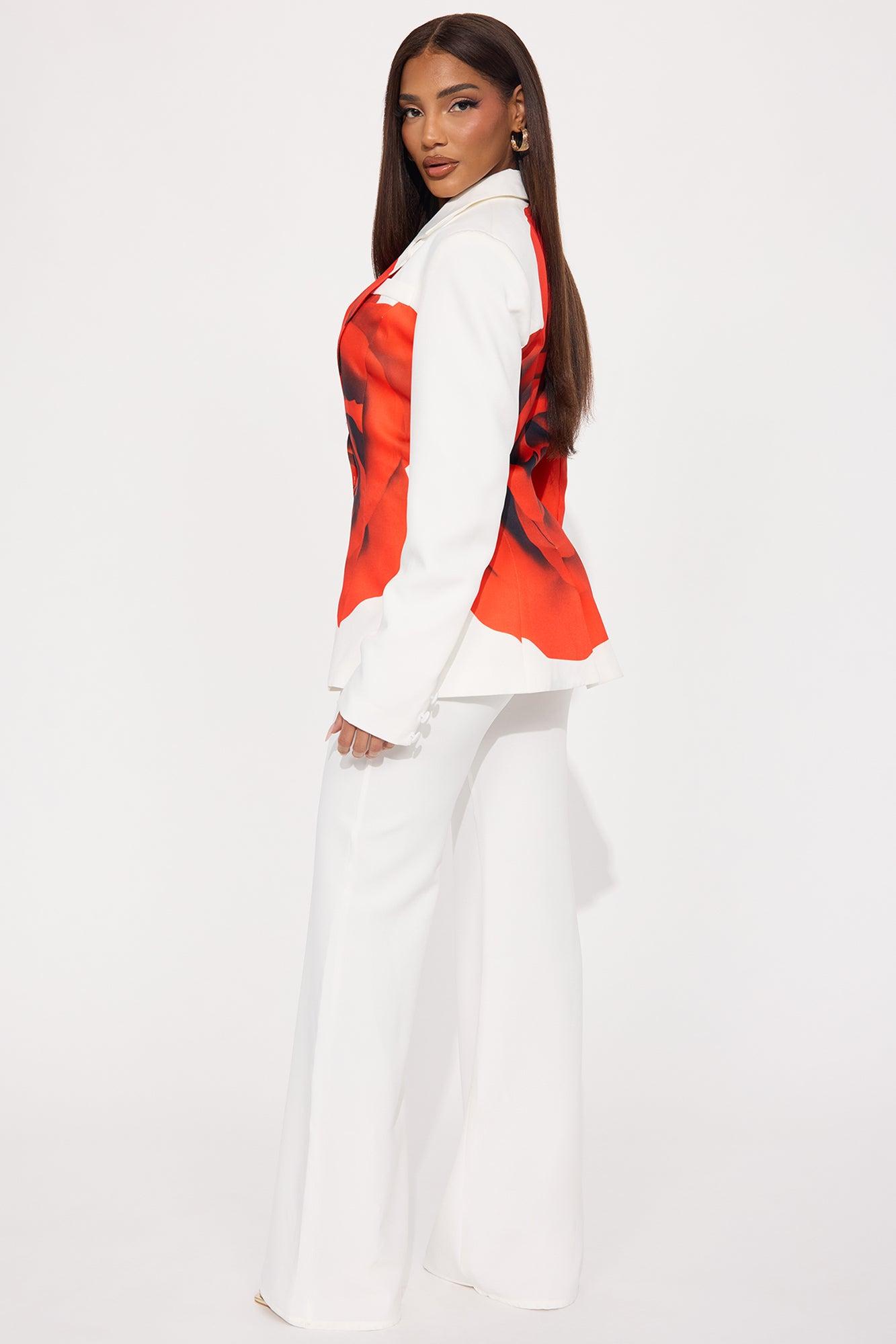 Rosy Elegance Blazer Pant Set - White/combo Product Image