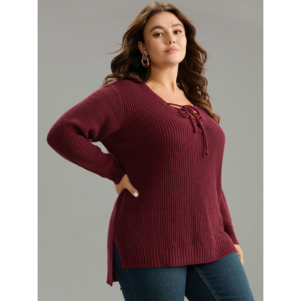 Plus Size High Low Hem Lace Up Split Side Pullover Scarlet Women Casual Loose Long Sleeve V-neck Dailywear Pullovers BloomChic 22-24/3X Product Image