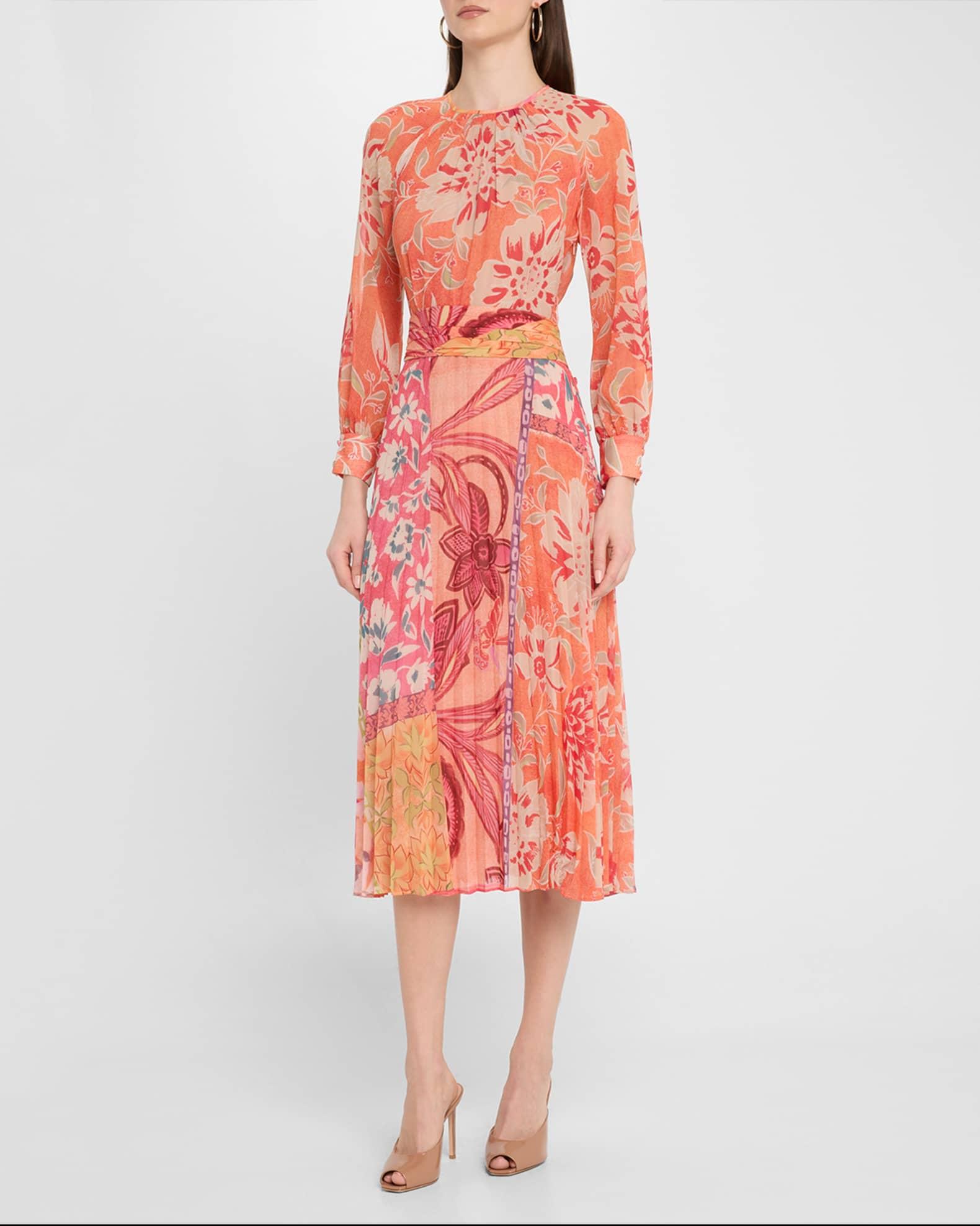 Pleated Patchwork-Print Chiffon Midi Dress Product Image