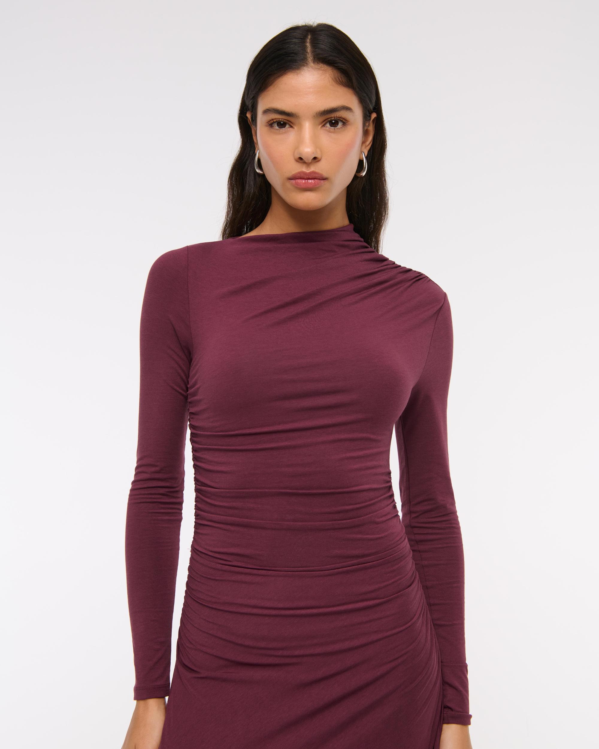 Long-Sleeve Draped Knit Maxi Dress Product Image