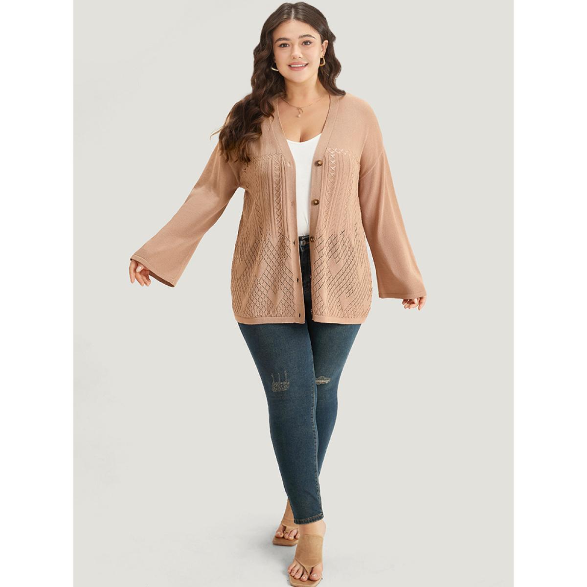Plus Size Geometric Hollow Out Button Up Cardigan Tan Women Casual Loose Long Sleeve Everyday Cardigans BloomChic 18-20/2X Product Image