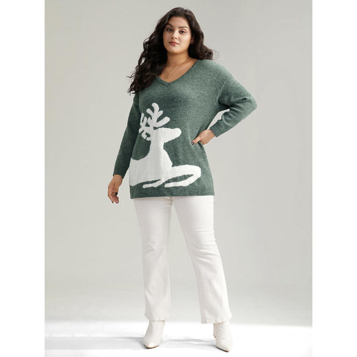 Plus Size Anti-Pilling Elk Print Drop Shoulder Pullover DarkGreen Women Casual Loose Long Sleeve V-neck Festival-Christmas Pullovers BloomChic 12/L Product Image