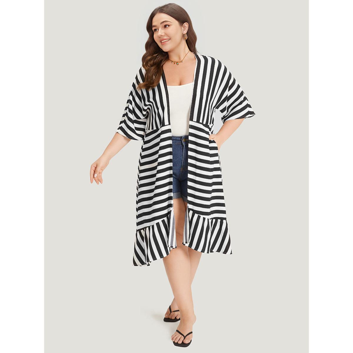 Plus Size Striped Ruffle Hem Pocket Open Front Kimono Women Black Elegant Ruffles Pocket Dailywear Kimonos BloomChic 14-16/1X Product Image