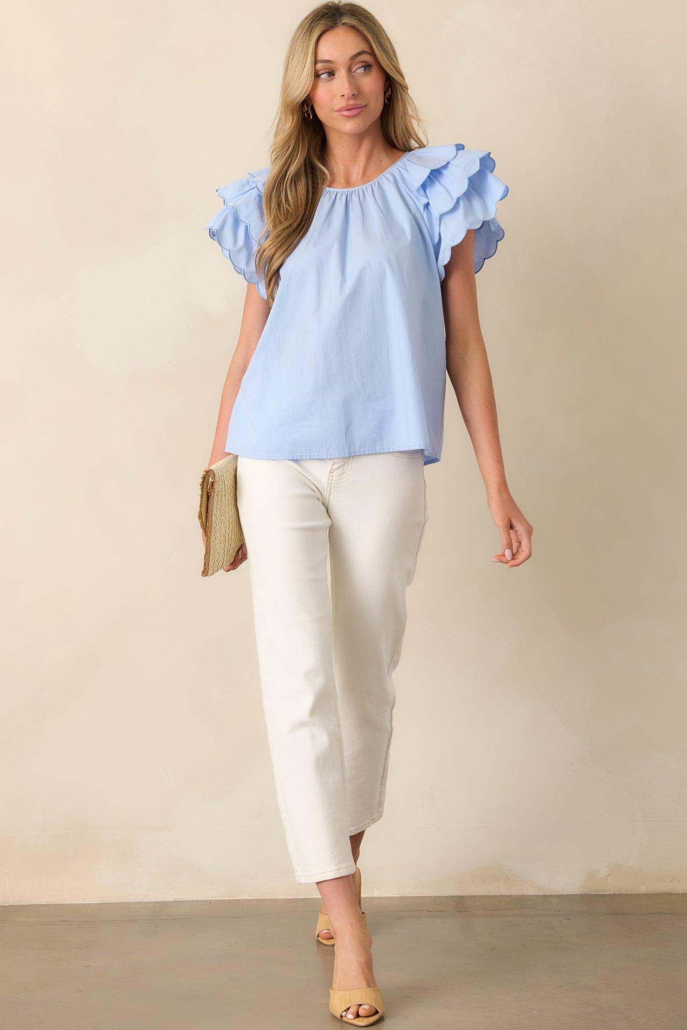 Bianca Blue Fog Cotton Embroidered Scallop Top Product Image