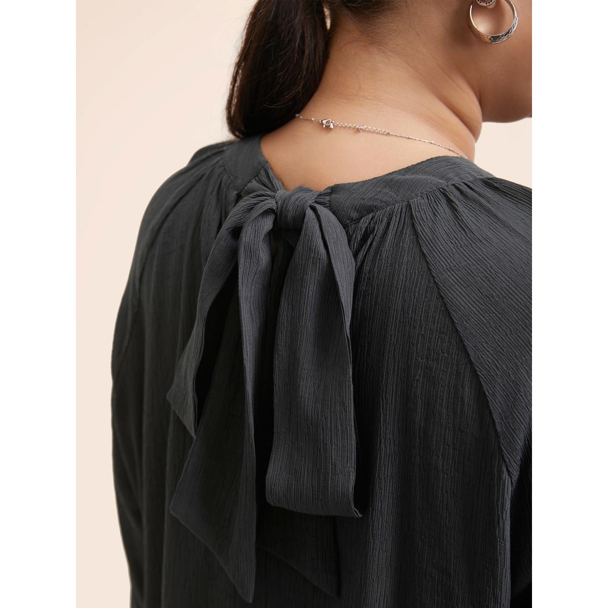 Plus Size Black Textured Ribbon Collar Blouse Women At the Office Long Sleeve Ribbon-tied collar Office Blouses BloomChic 30/6X Product Image