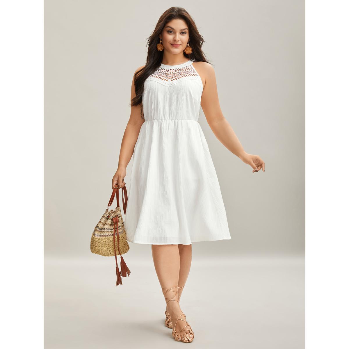 Plus Size Neck Cut-Out Pockets A-Line Midi Dress WhiteSmoke Women Boho Woven ribbon&lace trim Round Neck Sleeveless Curvy BloomChic 18-20/2X Product Image