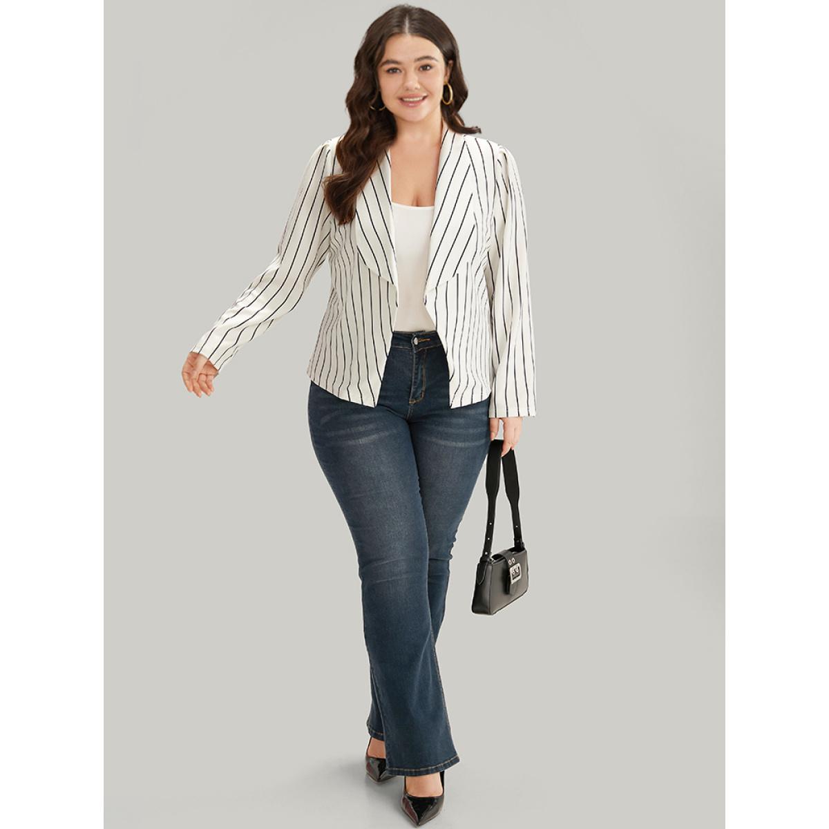 Plus Size Striped Lapel Collar Open Front Blazer White Women Office Striped Asymmetrical Sleeve Long Sleeve Lapel Collar 18-20/2X At the Office Blazers BloomChic Product Image