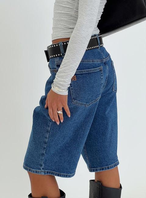 Retro Dream Mid Rise Longline Denim Shorts Mid Wash Product Image