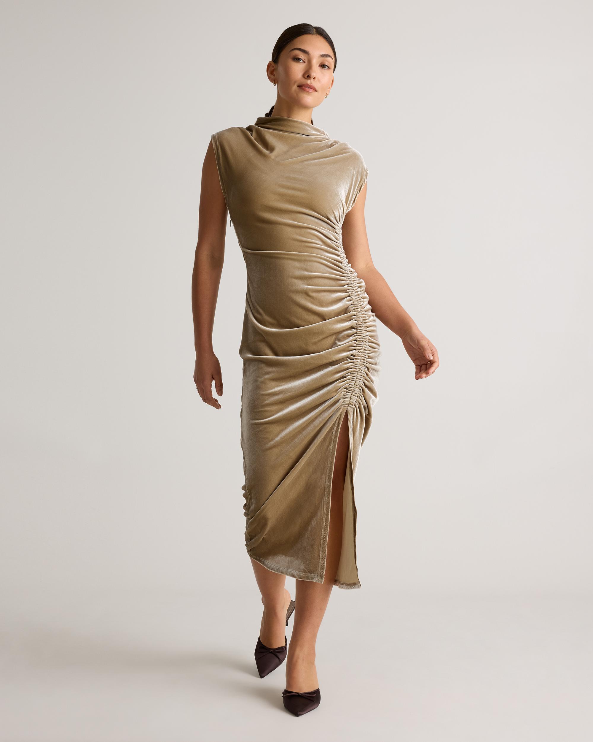 Quince | Women's Stretch Silk Velvet Ruched Midi Dress Product Image