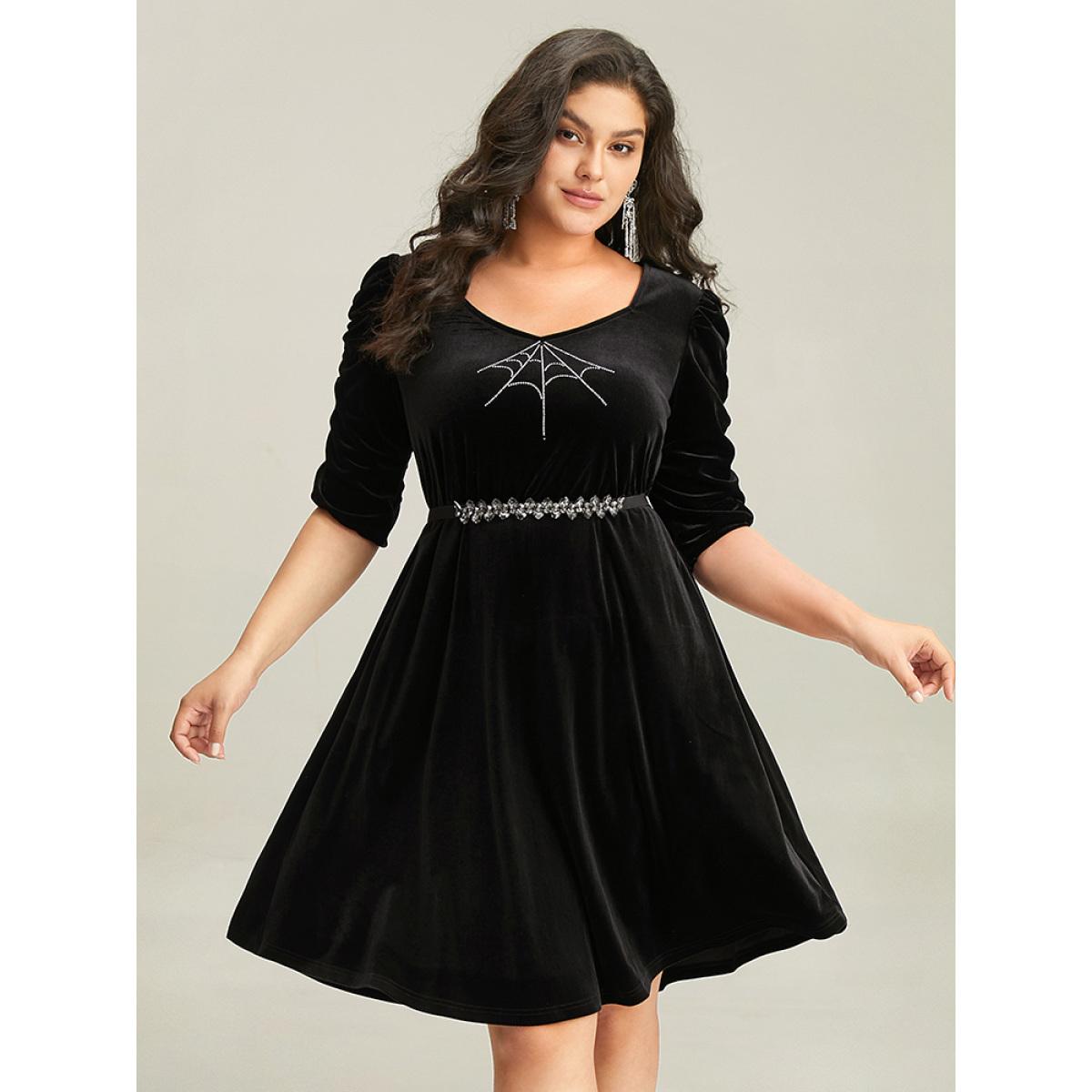 Plus Size Halloween Velvet Rhinestone Pocket Dress Black Women Elegant Rhinestone detailing Square Neck Half Sleeve Curvy Knee Dress BloomChic 22-24/3X Product Image