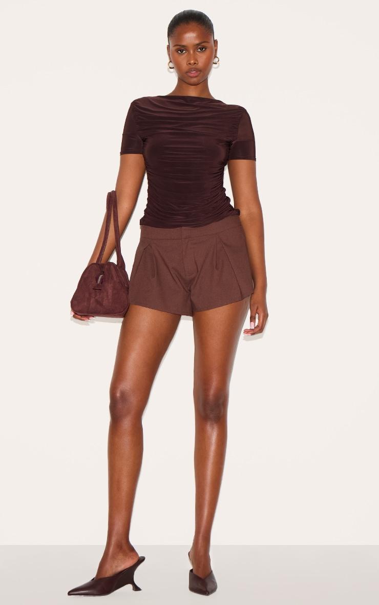 Chocolate Linen Blend Pleat Detail Tailored Shorts Product Image