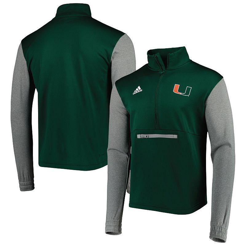 Men's adidas Green/Heathered Gray Miami Hurricanes Team AEROREADY Half-Zip Top,  Product Image