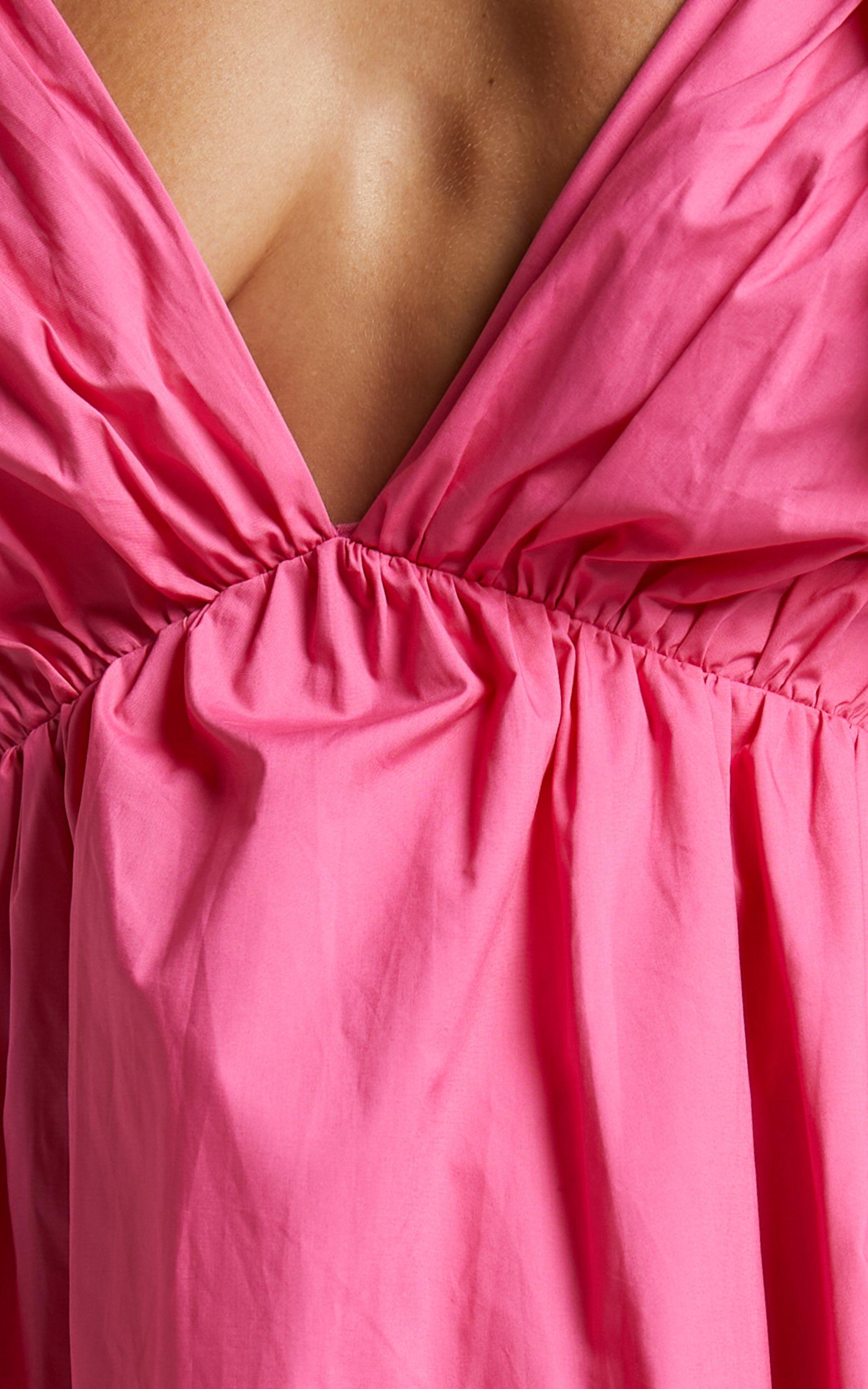 Raiza Mini Dress - Ruffle Sleeve Tie Back Plunge Dress in Fuchsia Product Image