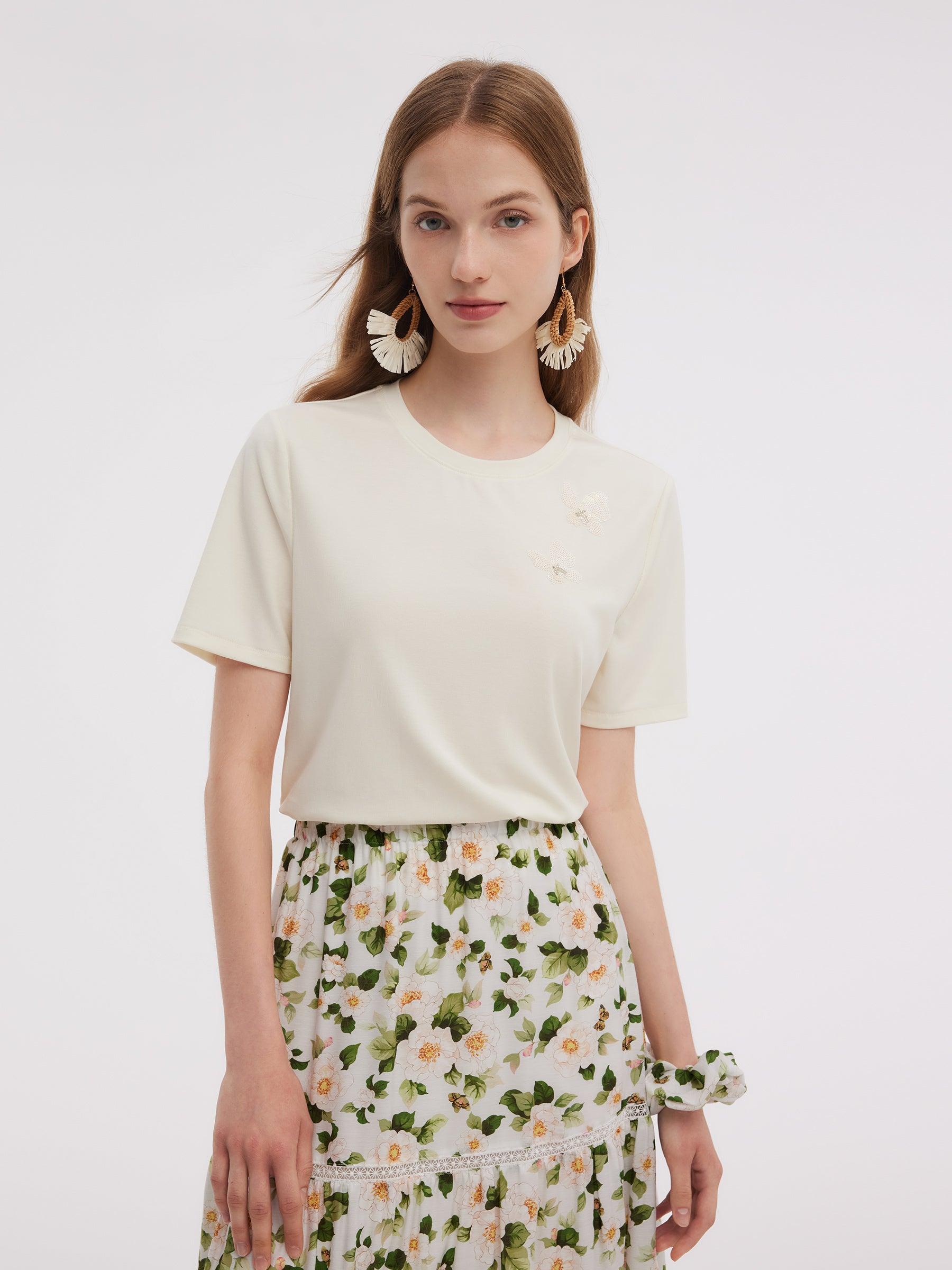 Tencel Blend Butterfly Sequined Embroidered Women T-Shirt Product Image