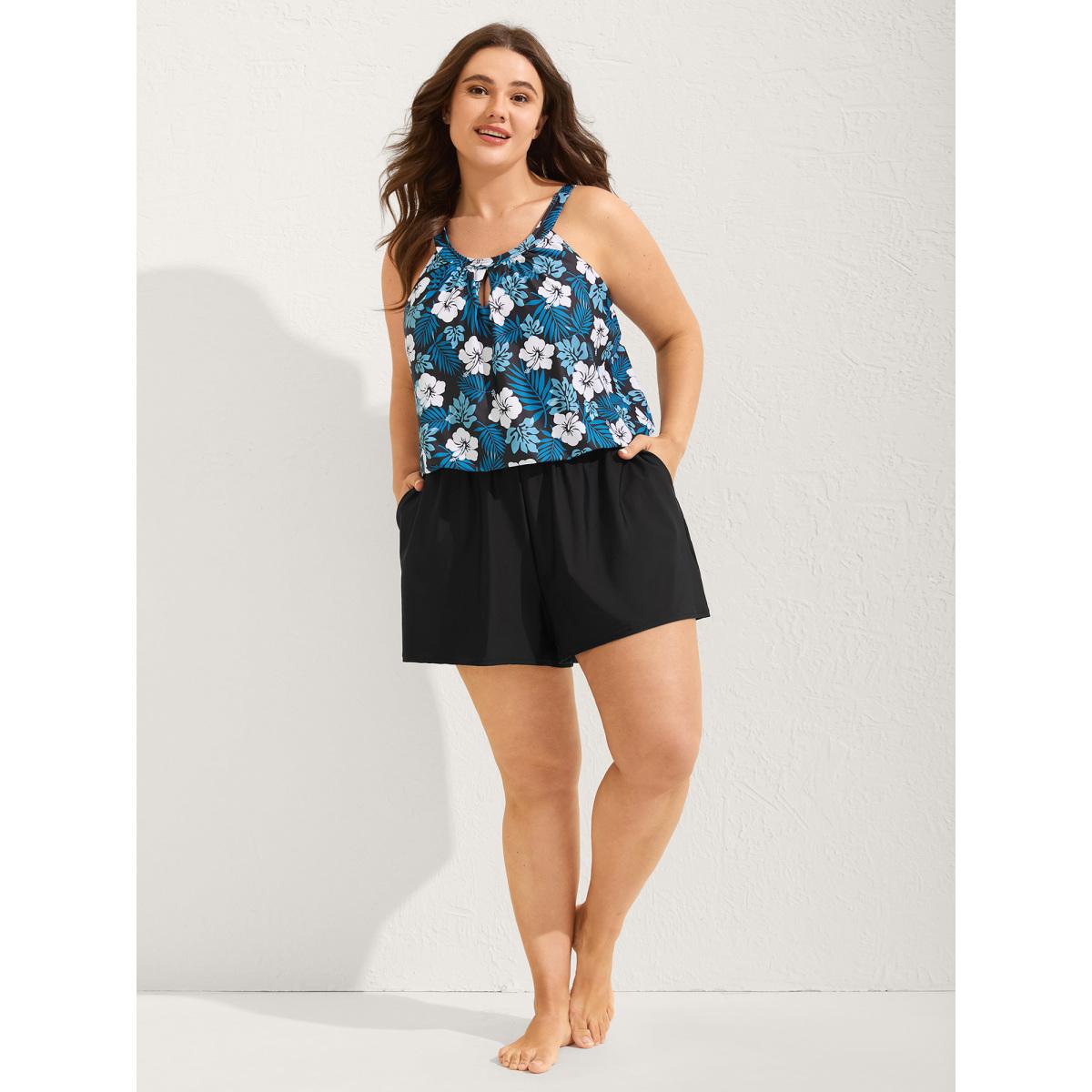 Plus Size Floral Print Keyhole Pockets Swim Romper Women's Swimwear Skyblue Resort Curve Bathing Suits High stretch One Pieces BloomChic 12/L Product Image