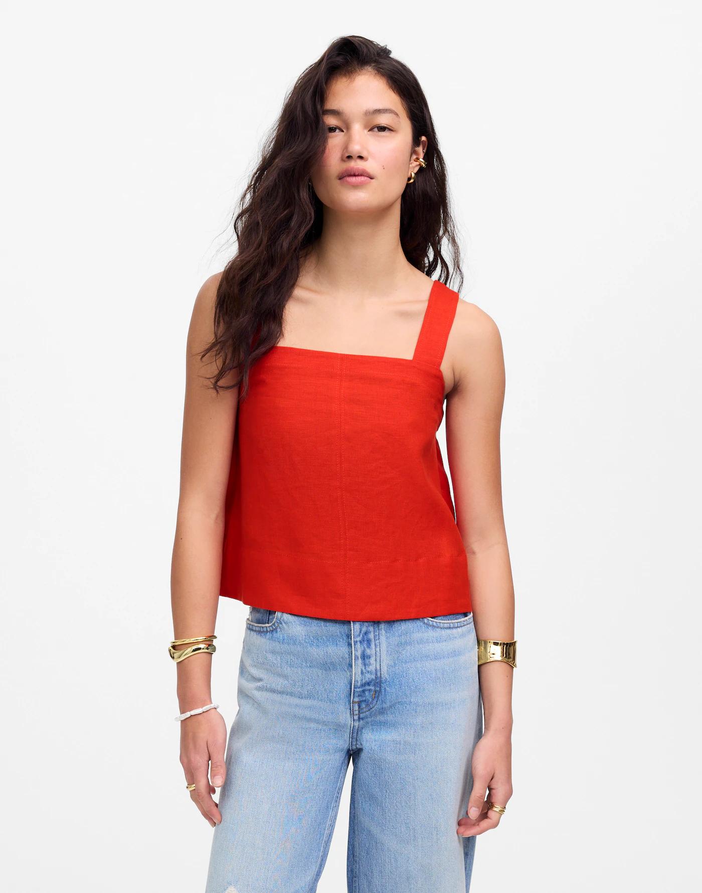 Contrast-Stitch Squareneck Top in 100% Linen Product Image