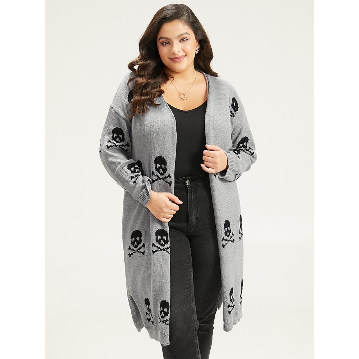 Plus Size Halloween Skull Print Split Side Drop Shoulder Maxi Cardigan Gray Women Casual Loose Long Sleeve Festival-Halloween Cardigans BloomChic 14-16/1X Product Image