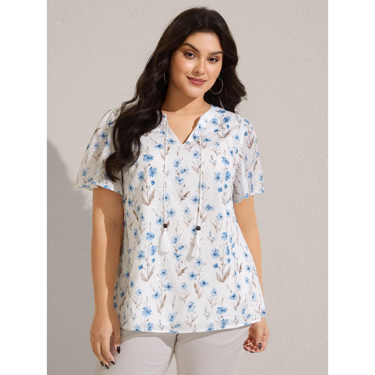 Plus Size LightBlue Cotton Embroidered Tassel Tie Flowy Blouse Women Short sleeve Flat collar with V-notch Vacation Blouses BloomChic 18-20/2X Product Image