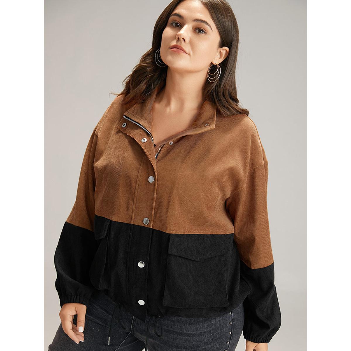 Plus Size Two Tone Zipper Pocket Button Up Jacket Women Black Elastic cuffs Pocket Dailywear Jackets BloomChic 28/5X Product Image