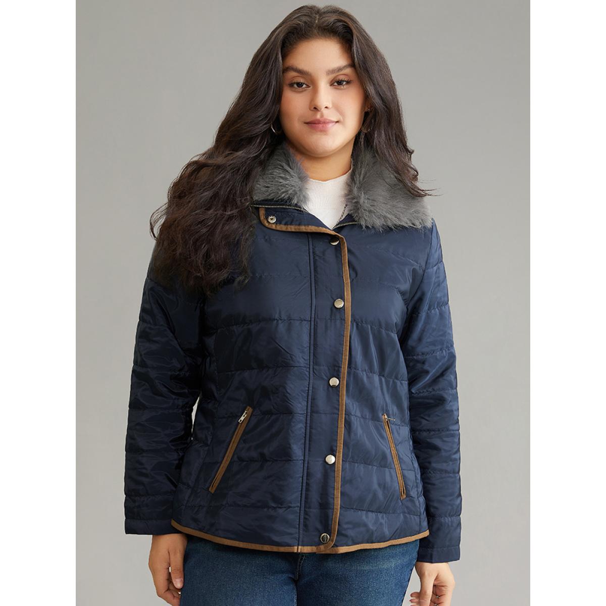 Plus Size Fuzzy Trim Patchwork Zipper Padded Jacket Women Indigo Zipper Pocket Dailywear Jackets BloomChic 26/4X Product Image