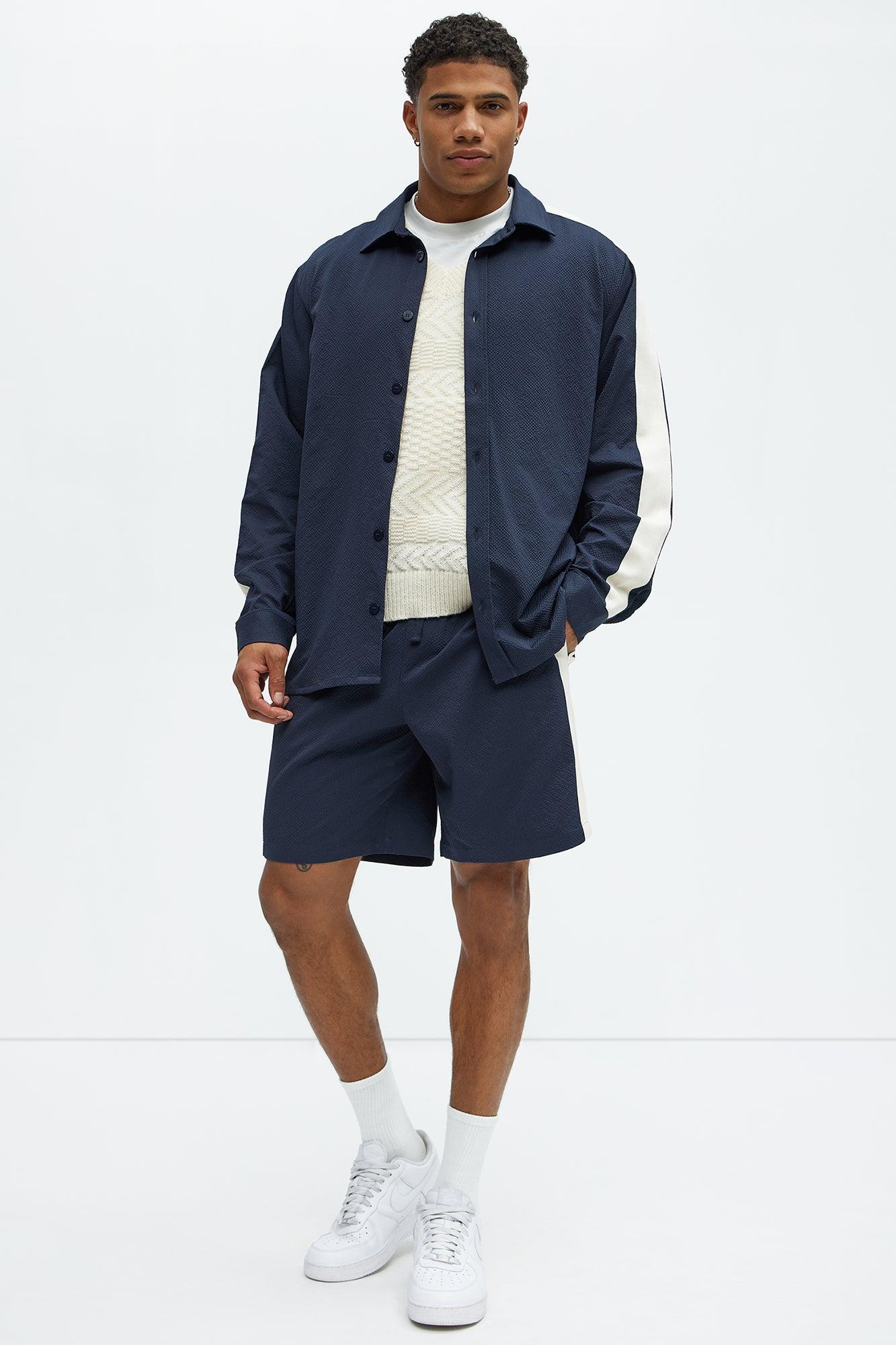 Crinkle Texture Taped Button Up - Navy Product Image