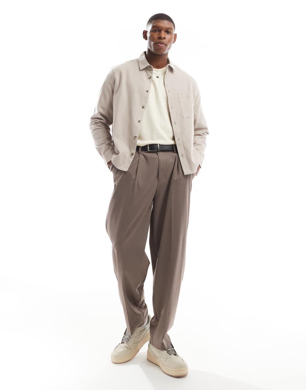 ASOS DESIGN oversized boxy brushed oxford shirt in light brown Product Image