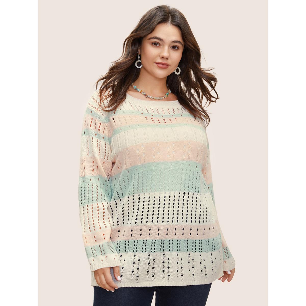 Plus Size Colorblock Contrast Cut Out Texture Pullover Ivory Women Casual Long Sleeve Round Neck Everyday Pullovers BloomChic 12/L Product Image