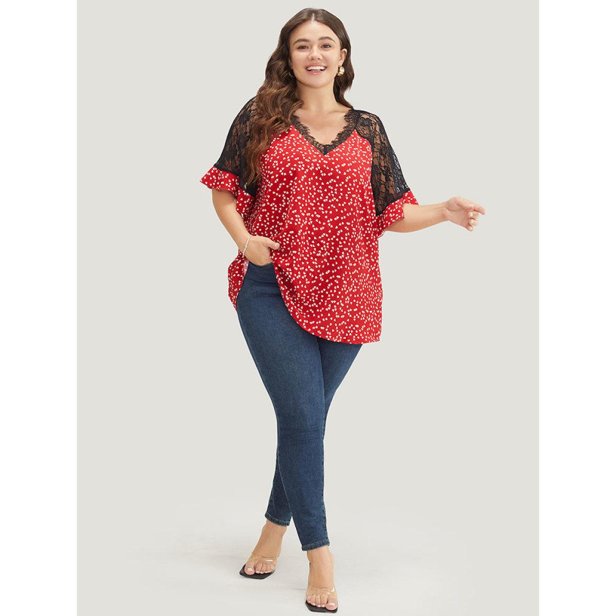 Plus Size Scarlet Heart Print Contrast Lace Ruffle Sleeve Blouse Women Elegant Half Sleeve V-neck Dailywear Blouses BloomChic 10/M Product Image