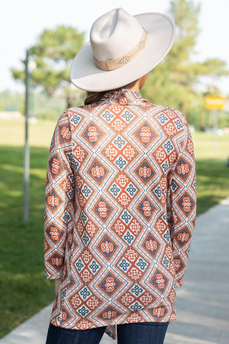Orange and Teal Multicolor Aztec Cardigan Product Image