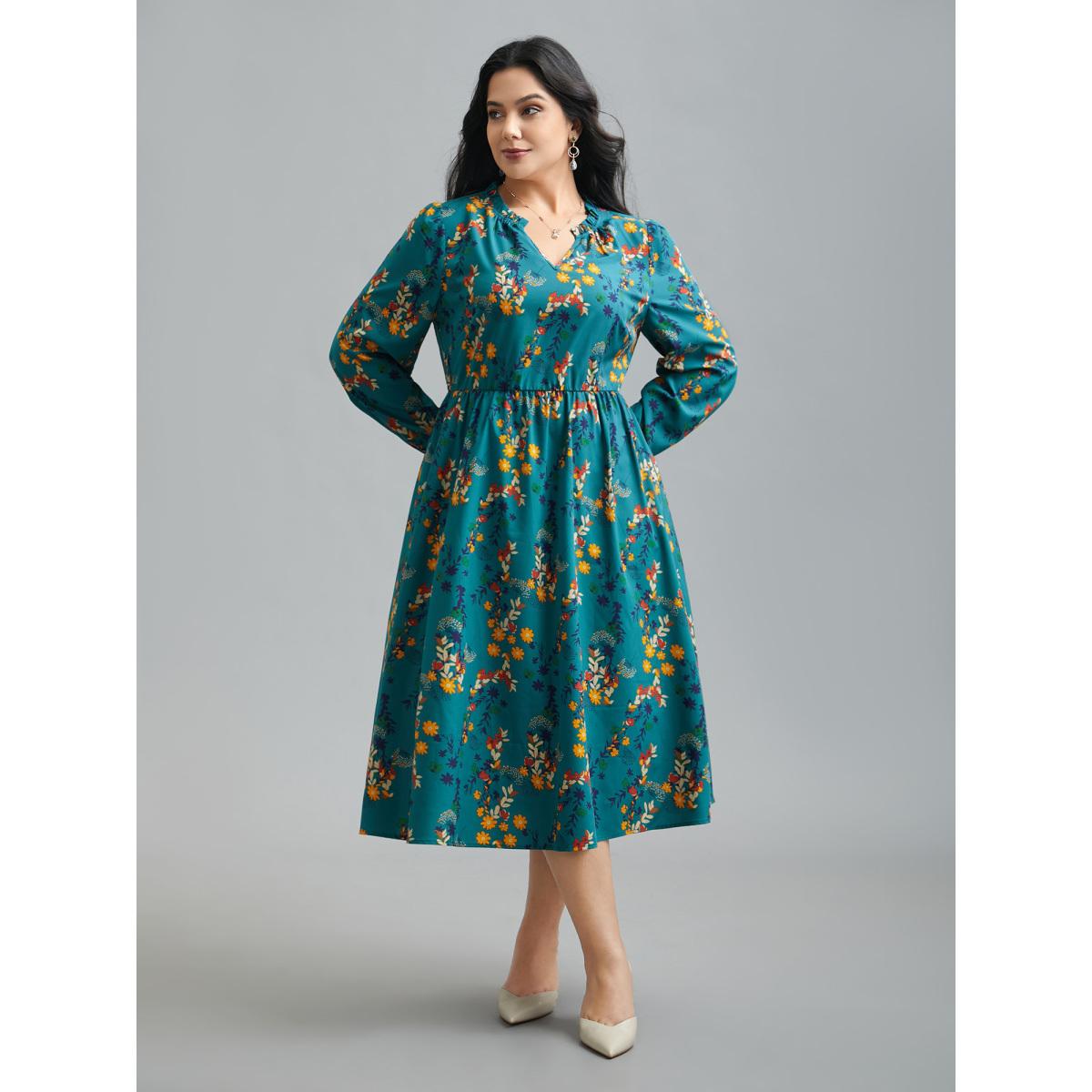 Plus Size Floral Print Ruffled Notched Collar Midi Dress Aegean Women Elegant Gathered Notched collar Long Sleeve Curvy BloomChic 18-20/2X Product Image