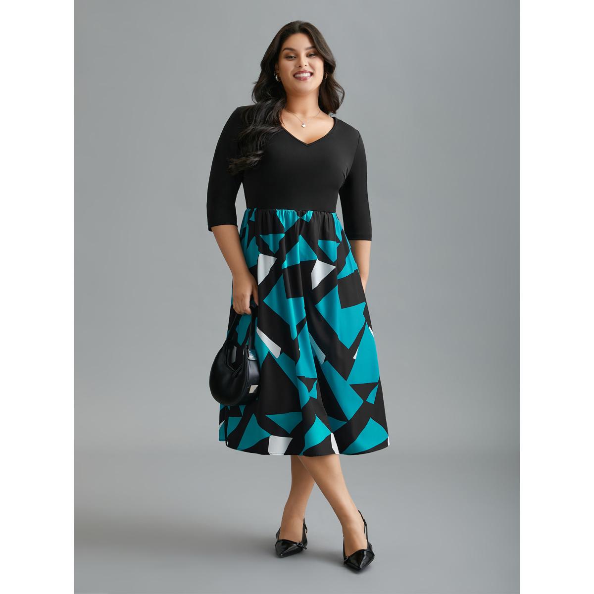 Plus Size V-Neck Geometric Color Contrast Dress Black Women At the Office Patchwork V-neck Elbow-length sleeve Curvy BloomChic 14-16/1X Product Image