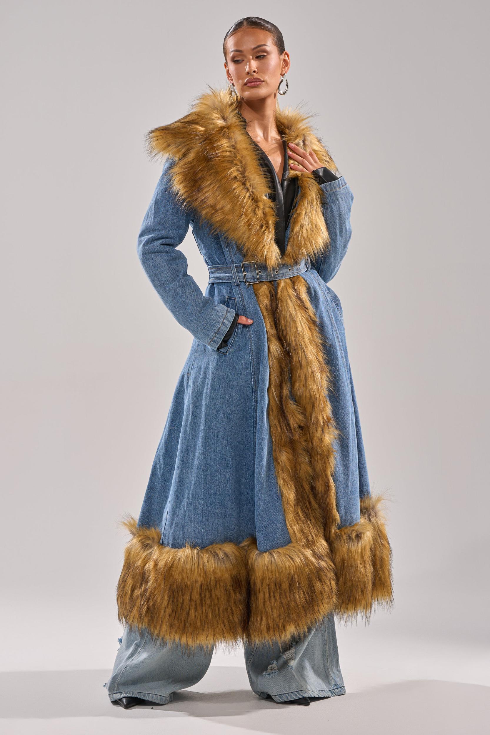 VIVIAN FUR TRIM TRENCH IN DENIM Product Image