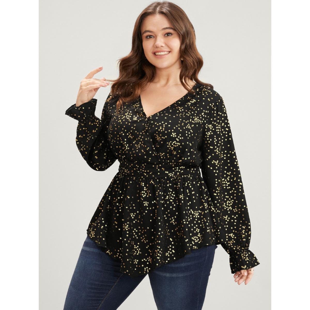 Plus Size Black Star Print Lantern Sleeve Asymmetrical Ruffles Hem Wrap Blouse Women Party Long Sleeve V-neck Going out Blouses BloomChic 22-24/3X Product Image