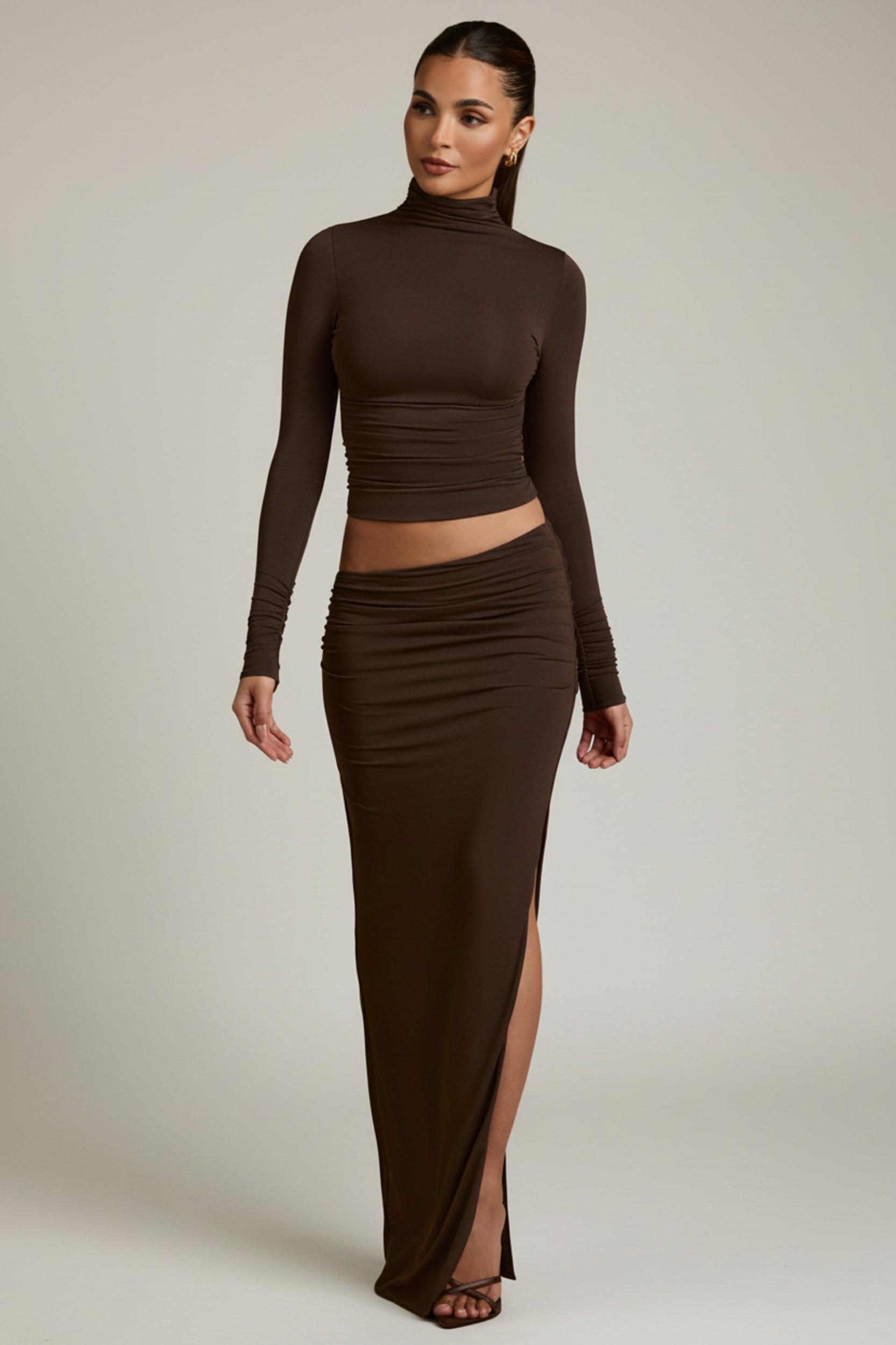 Modal Asymmetric-Waist Maxi Skirt in Chocolate Brown Product Image