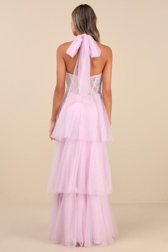 Camie Light Pink Tulle Sequin Bustier Maxi Dress Product Image
