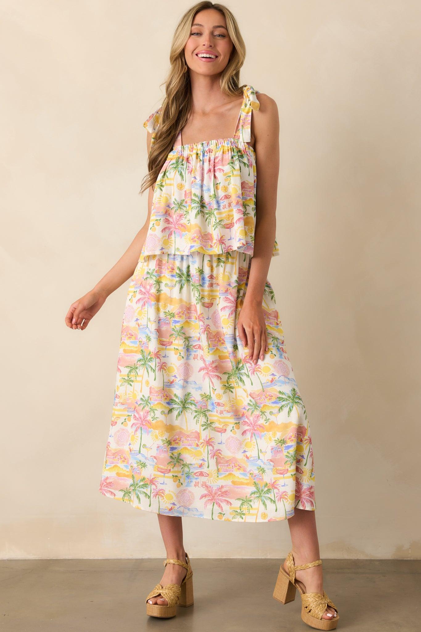 Gone To The Coast Ivory Multi Tropical Print Linen Crop Top Product Image