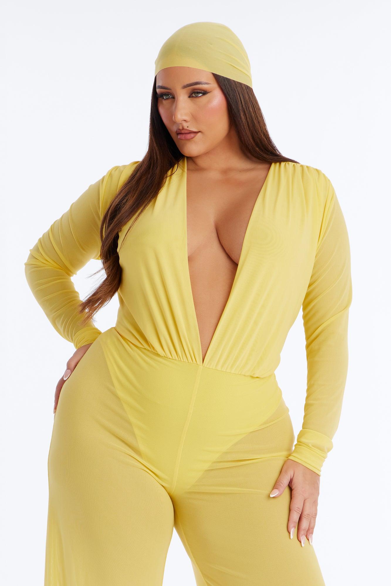 Sara Plunge Neck Jumpsuit And Headscarf 2 Piece Set - Butter Yellow Female Product Image