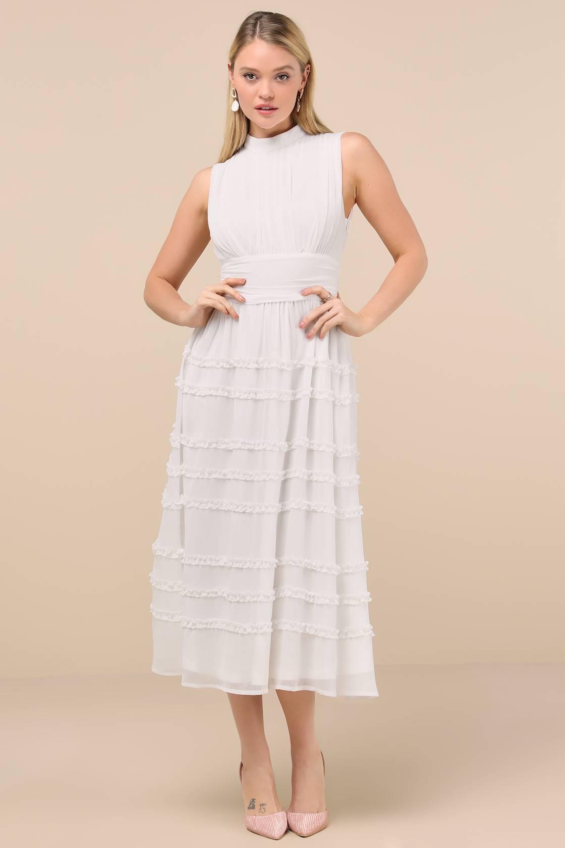 Happily Sweet White Mock Neck Backless Midi Dress Product Image