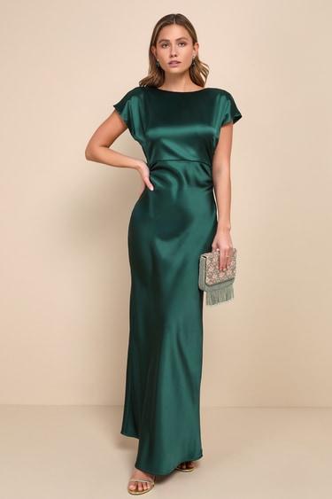 Captivating Presence Forest Green Satin Cowl Back Maxi Dress Product Image