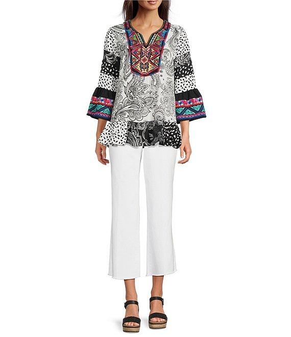 Calessa Embroidered Patchwork Print Split V-Neck 3/4 Sleeve Tunic Product Image