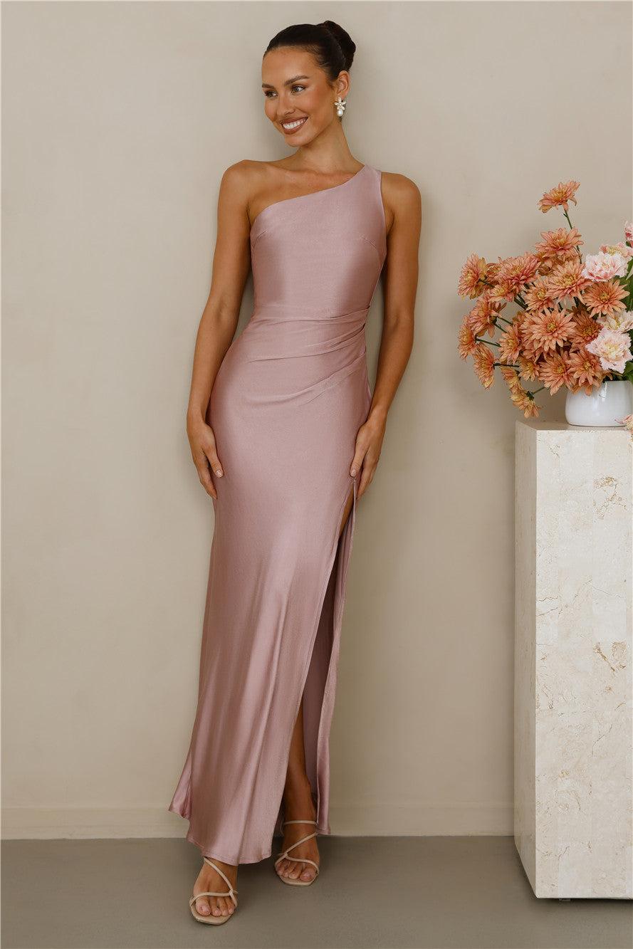 The Aurora One Shoulder Satin Maxi Dress Dusty Pink Product Image